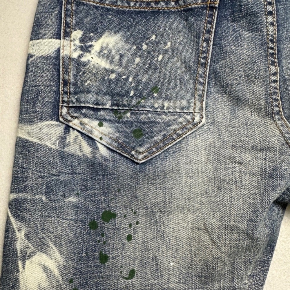 AKOO Slim Fit Jeans Mens 30 Blue Acid Wash Paint Splatter Streetwear Denim - Picture 10 of 15